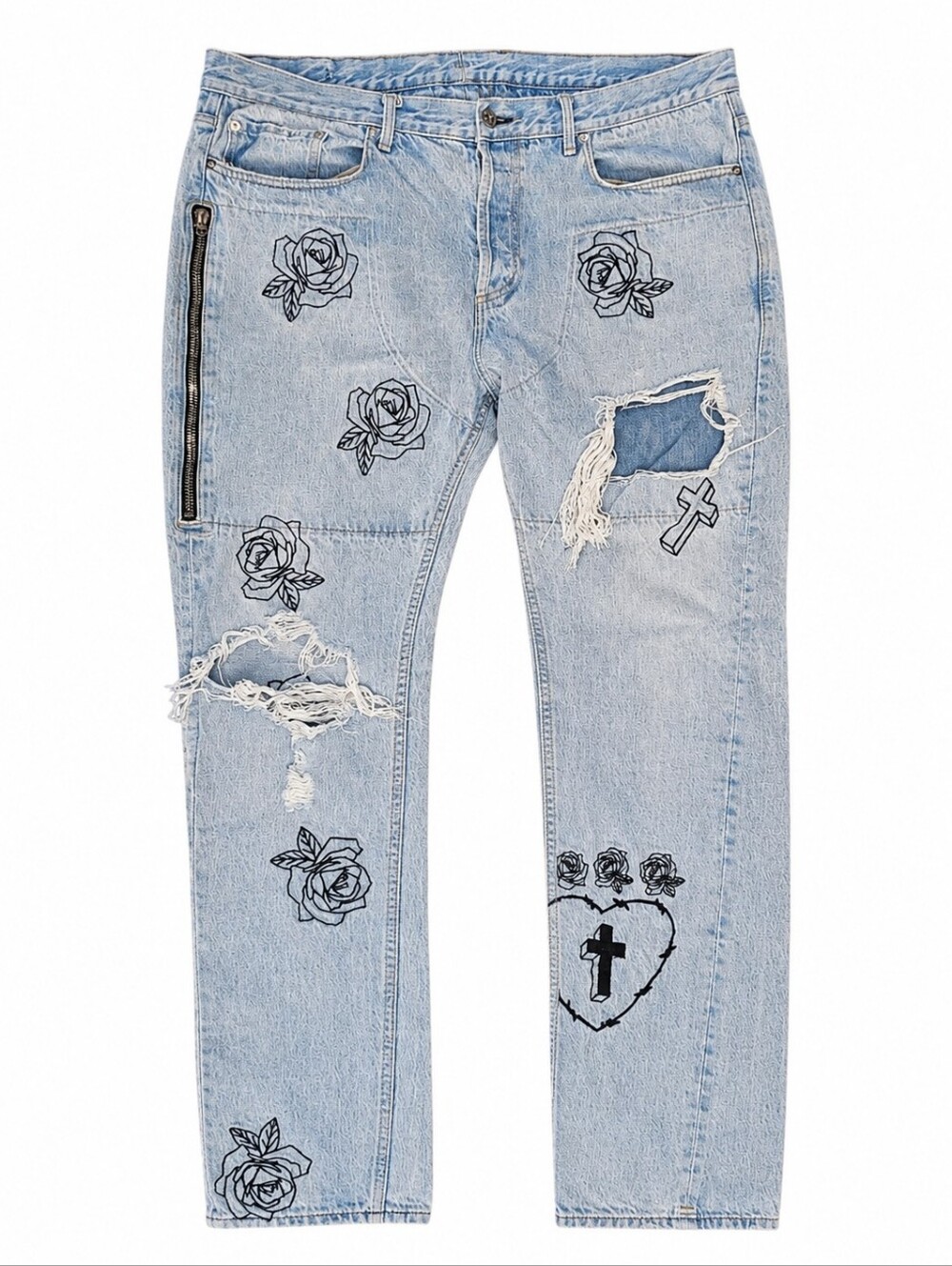MR COMPLETELY | Rose Cross Embroidered Distressed Jeans Light Wash 36